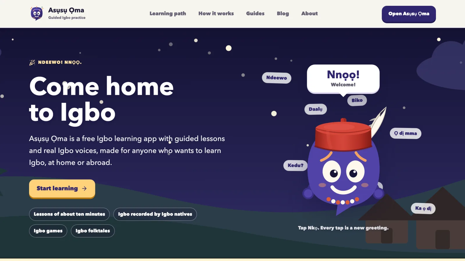 The Asụsụ Ọma home page, a free app for learning Igbo